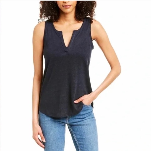 VINCE | Linen Split Neck Tank Top lightweight navy blue sz Medium - Picture 1 of 11